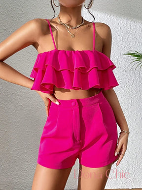 Conjunto Babado Duplo Com Alças Finas E Shorts Alto Conjunto Babado Duplo Com Alças Finas E Shorts Alto
