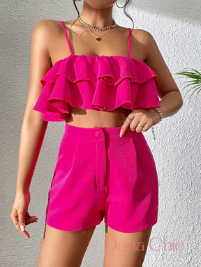 Conjunto Babado Duplo Com Alças Finas E Shorts Alto Conjunto Babado Duplo Com Alças Finas E Shorts Alto