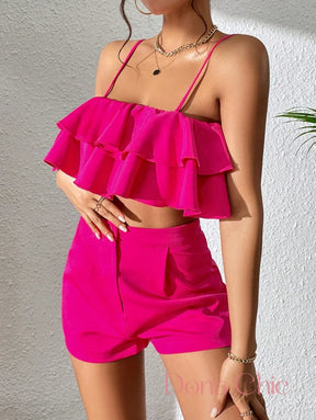 Conjunto Babado Duplo Com Alças Finas E Shorts Alto Conjunto Babado Duplo Com Alças Finas E Shorts Alto
