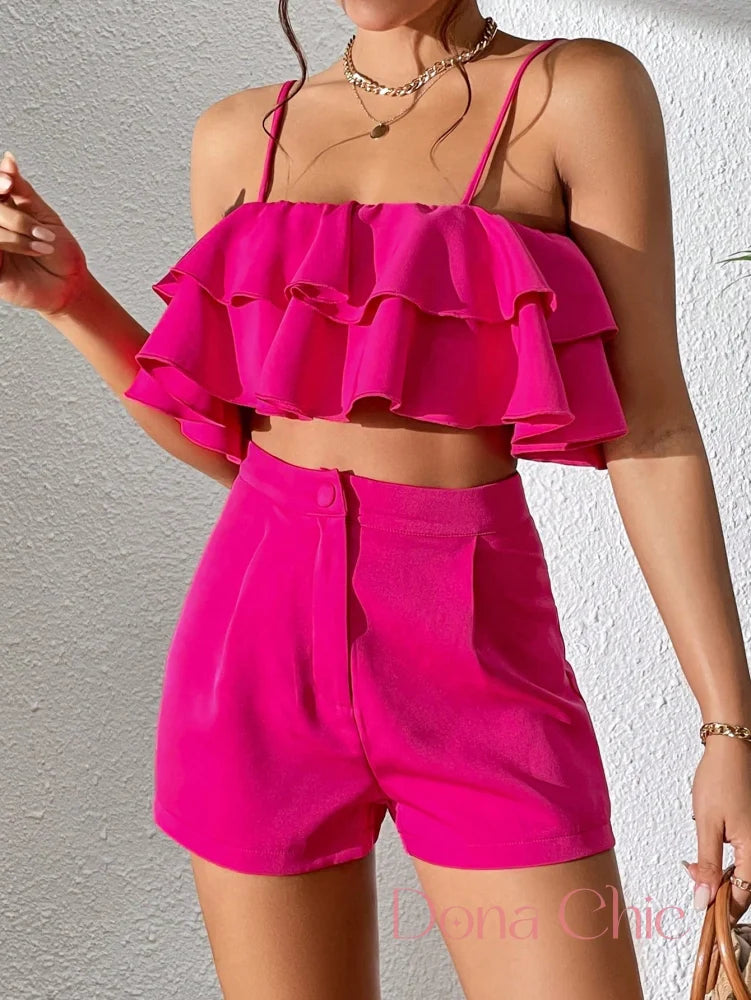 Conjunto Babado Duplo Com Alças Finas E Shorts Alto P Conjunto Babado Duplo Com Alças Finas E Shorts Alto