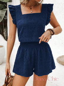 Conjunto Blusa Com Babados E Short De Cintura Alta Azul / P Conjunto Blusa Com Babados E Short De Cintura Alta