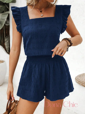 Conjunto Blusa Com Babados E Short De Cintura Alta Azul / P Conjunto Blusa Com Babados E Short De Cintura Alta