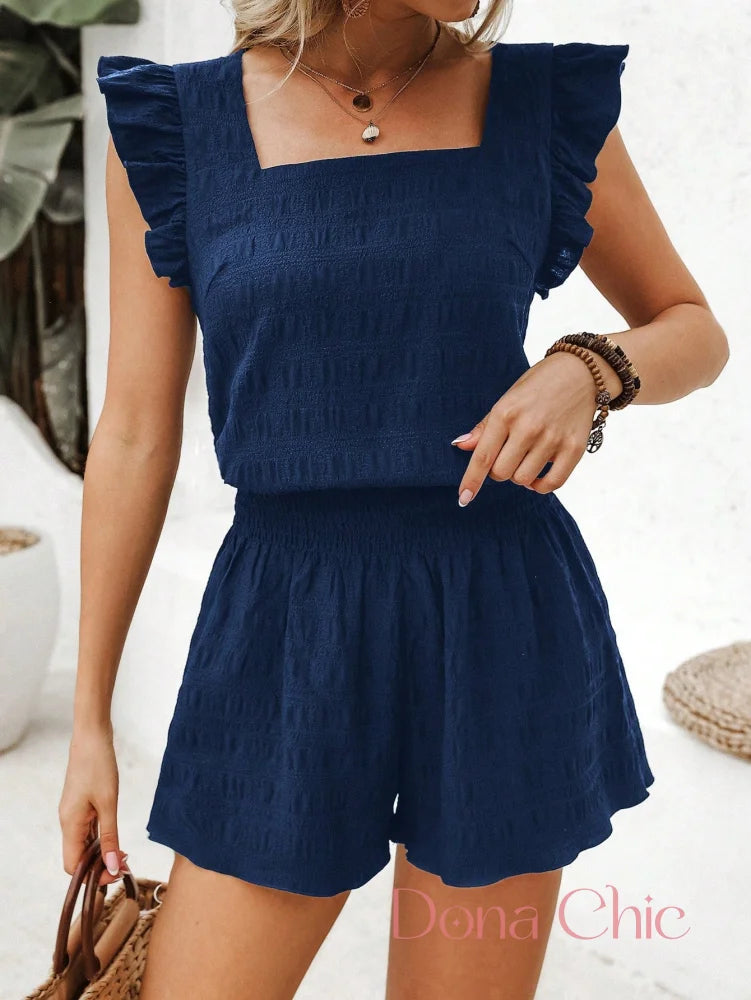 Conjunto Blusa Com Babados E Short De Cintura Alta Azul / P Conjunto Blusa Com Babados E Short De Cintura Alta