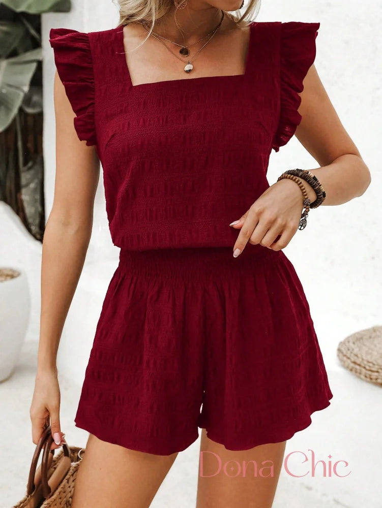 Conjunto Blusa Com Babados E Short De Cintura Alta Vinho / P Conjunto Blusa Com Babados E Short De Cintura Alta