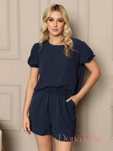 Conjunto Blusa Com Manga Bufante E Short Cintura Alta Azul Marinho / P Conjunto Blusa Com Manga Bufante E Short Cintura