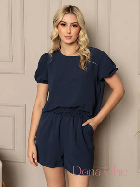 Conjunto Blusa Com Manga Bufante E Short Cintura Alta Azul Marinho / P Conjunto Blusa Com Manga Bufante E Short Cintura