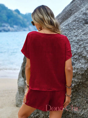 Conjunto Blusa Com Manga Curta E Short Com Cinto Conjunto Blusa Com Manga Curta E Short Com Cinto