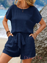 Conjunto Blusa Com Manga Curta E Short Com Cinto Azul Marinho / P Conjunto Blusa Com Manga Curta E Short Com Cinto