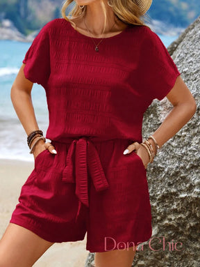 Conjunto Blusa Com Manga Curta E Short Com Cinto Vinho / P Conjunto Blusa Com Manga Curta E Short Com Cinto