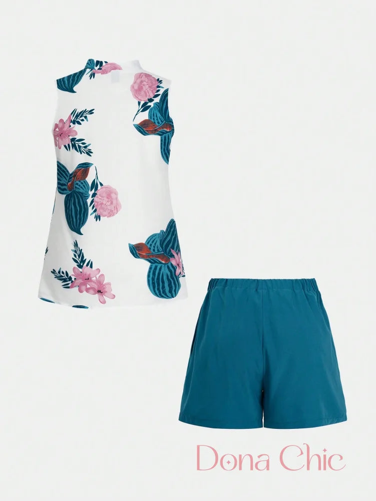 Conjunto Blusa Floral Com Short Liso De Cintura Alta Conjunto Blusa Floral Com Short Liso De Cintura Alta
