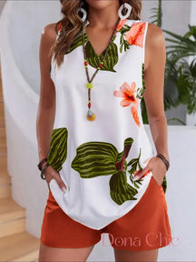Conjunto Blusa Floral Com Short Liso De Cintura Alta Laranja / P Conjunto Blusa Floral Com Short Liso De Cintura Alta