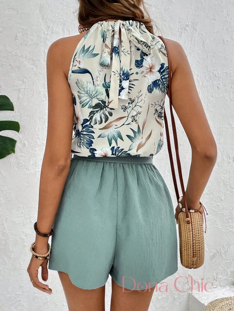 Conjunto Blusa Halter Floral Com Short De Cinto Ajustável Conjunto Blusa Halter Floral Com Short De Cinto Ajustável