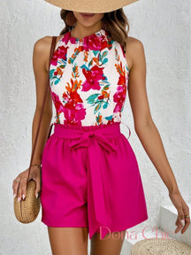 Conjunto Blusa Halter Floral Com Short De Cinto Ajustável Rosa / P Conjunto Blusa Halter Floral Com Short De Cinto