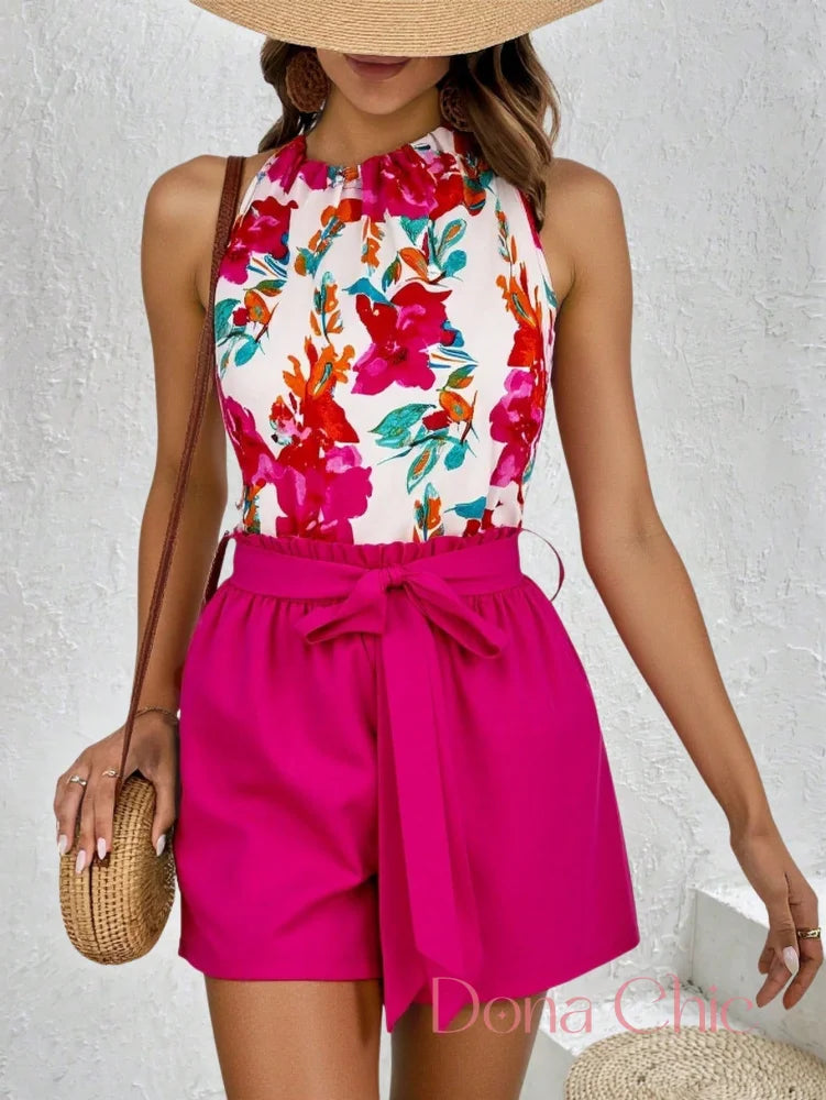 Conjunto Blusa Halter Floral Com Short De Cinto Ajustável Rosa / P Conjunto Blusa Halter Floral Com Short De Cinto