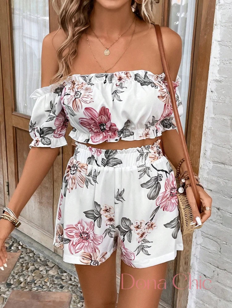 Conjunto Blusa Ombro A Ombro Com Short Floral P Conjunto Blusa Ombro A Ombro Com Short Floral