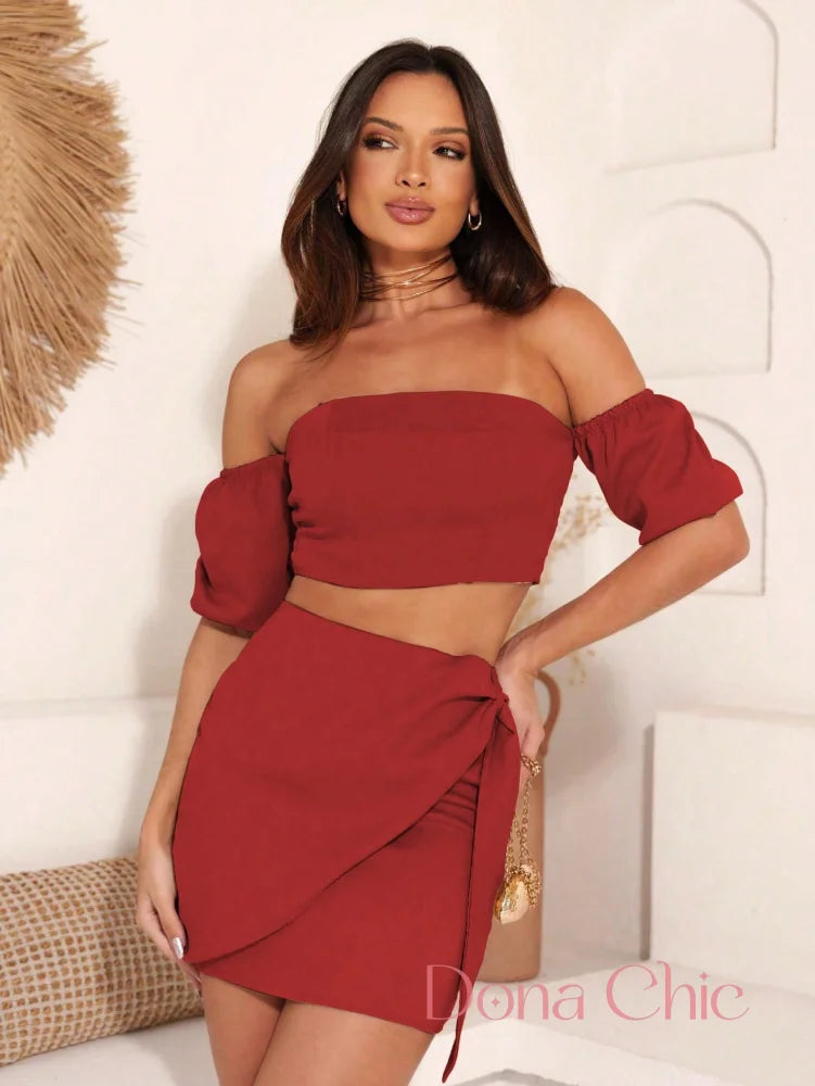 Conjunto Blusa Ombro A Ombro Saia Envelope Vermelho / P Conjunto Blusa Ombro A Ombro Saia Envelope