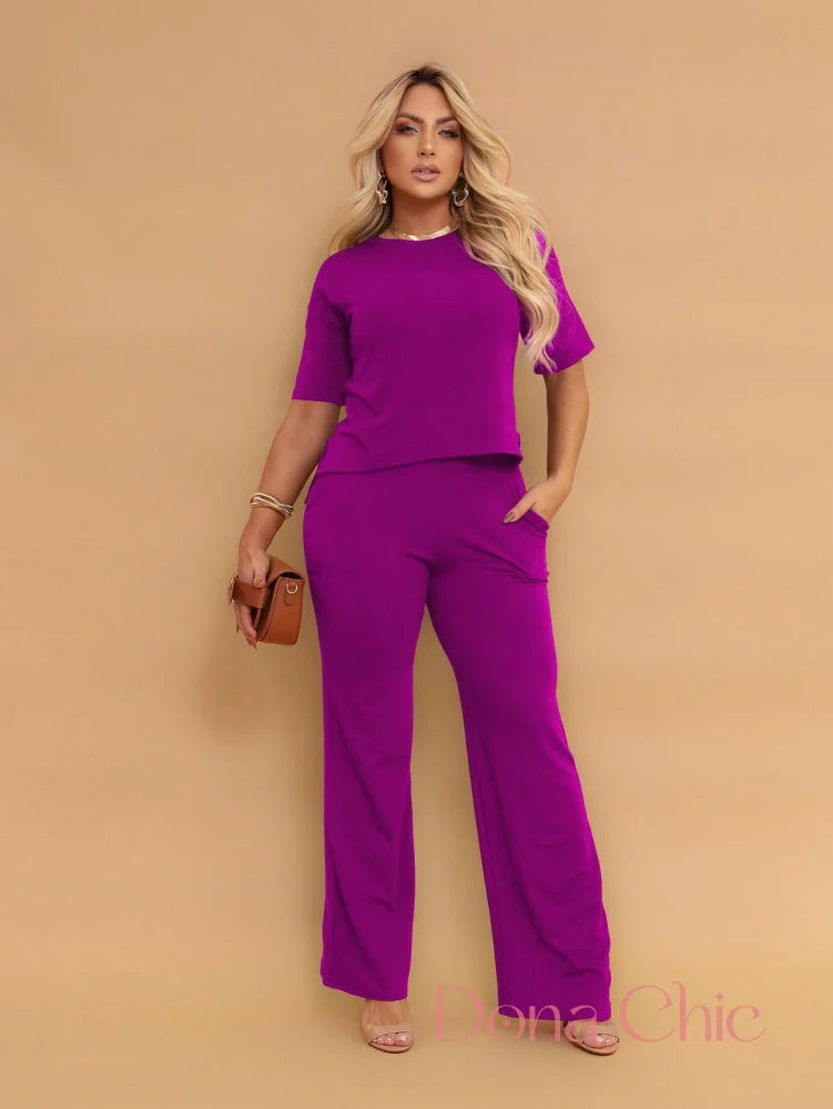 Conjunto Blusa Reta Com Calça De Cintura Alta Fúcsia / P Conjunto Blusa Reta Com Calça De Cintura Alta