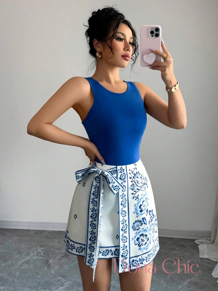 Conjunto Body Com Saia Estampada E Laço Lateral P Conjunto Body Com Saia Estampada E Laço Lateral