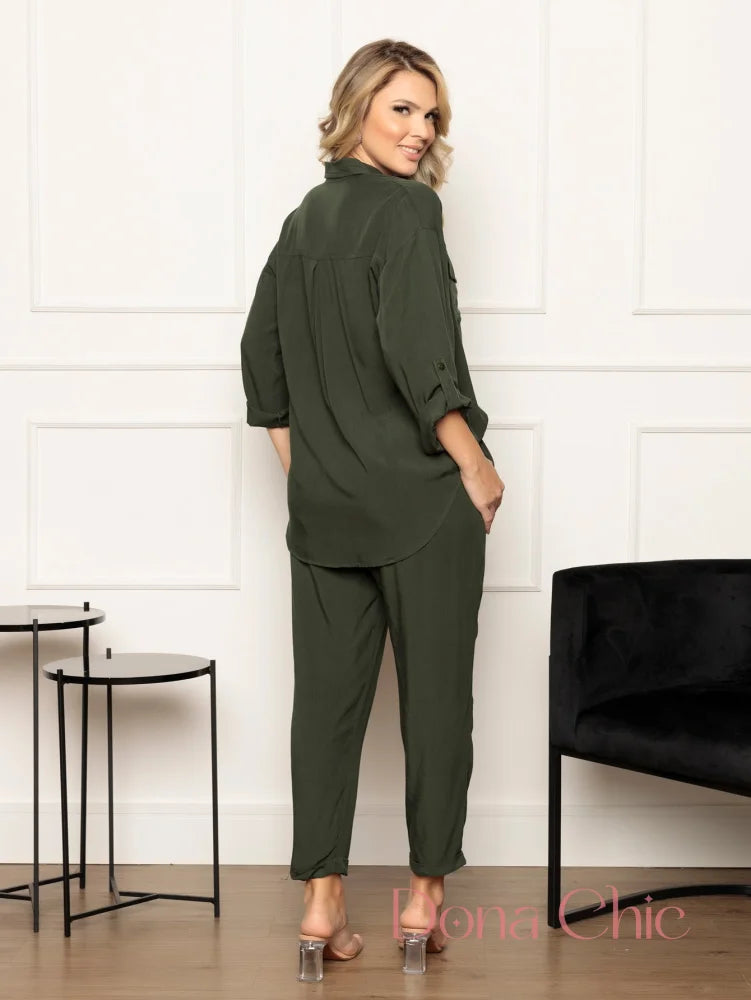 Conjunto Camisa Bolsos Com Calça De Amarração Conjunto Estampado Geométrico Com Blusa Solta