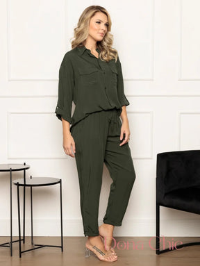 Conjunto Camisa Bolsos Com Calça De Amarração Conjunto Estampado Geométrico Com Blusa Solta
