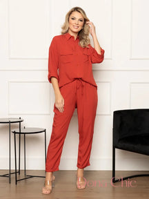 Conjunto Camisa Bolsos Com Calça De Amarração Laranja / P Conjunto Estampado Geométrico Com Blusa Solta