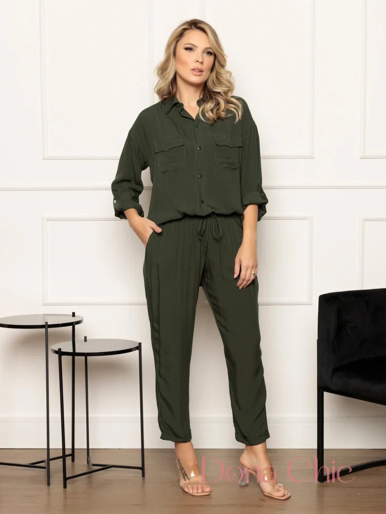Conjunto Camisa Bolsos Com Calça De Amarração Verde Militar / P Conjunto Estampado Geométrico Com Blusa Solta
