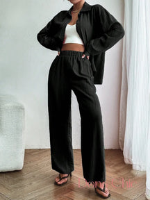 Conjunto Camisa De Viscose Com Calça Reta Leve Preto / P Conjunto Camisa De Viscose Com Calça Reta Leve