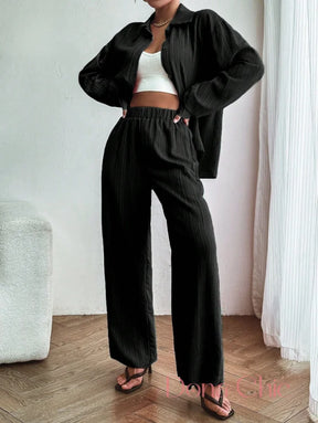 Conjunto Camisa De Viscose Com Calça Reta Leve Preto / P Conjunto Camisa De Viscose Com Calça Reta Leve