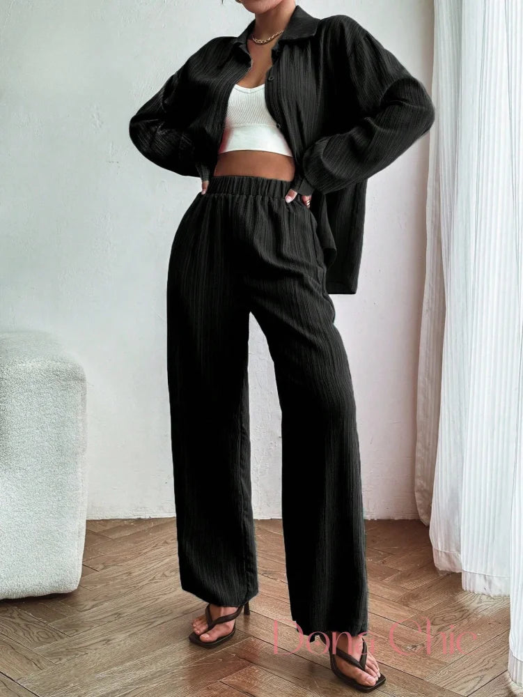 Conjunto Camisa De Viscose Com Calça Reta Leve Preto / P Conjunto Camisa De Viscose Com Calça Reta Leve