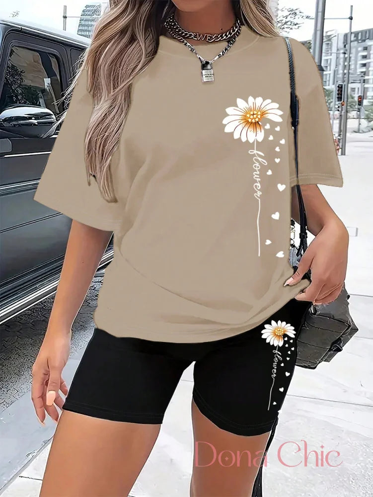 Conjunto Camiseta Estampada Com Short Ciclista Caqui / P Conjunto Camiseta Estampada Com Short Ciclista