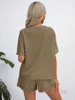 Conjunto Canelado Manga Curta Com Shorts Solto Conjunto Canelado Manga Curta Com Shorts Solto