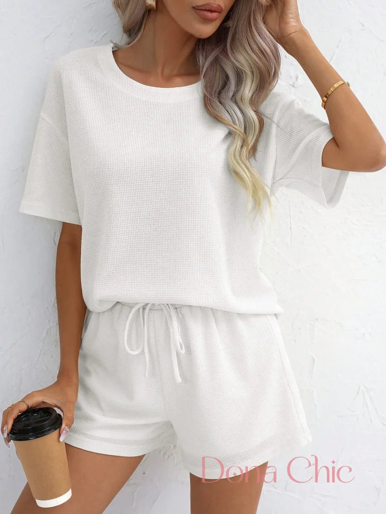 Conjunto Canelado Manga Curta Com Shorts Solto Branco / P Conjunto Canelado Manga Curta Com Shorts Solto