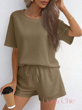 Conjunto Canelado Manga Curta Com Shorts Solto Caqui / P Conjunto Canelado Manga Curta Com Shorts Solto