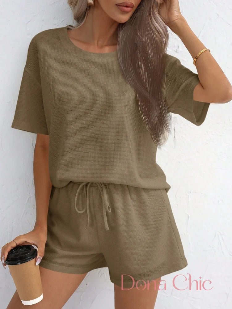 Conjunto Canelado Manga Curta Com Shorts Solto Caqui / P Conjunto Canelado Manga Curta Com Shorts Solto