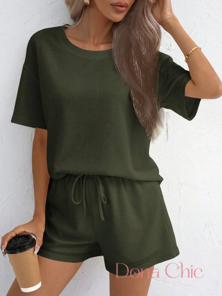 Conjunto Canelado Manga Curta Com Shorts Solto Verde Militar / P Conjunto Canelado Manga Curta Com Shorts Solto