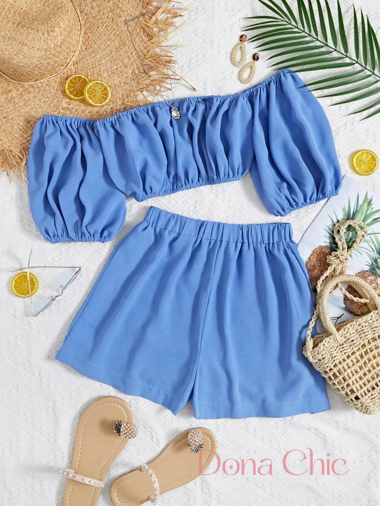 Conjunto Ciganinha Bufante Com Shorts De Elástico Azul / P Conjunto Ciganinha Bufante Com Shorts De Elástico