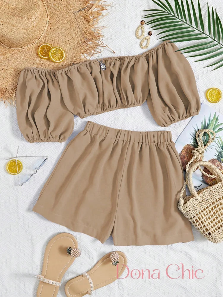 Conjunto Ciganinha Bufante Com Shorts De Elástico Caqui / P Conjunto Ciganinha Bufante Com Shorts De Elástico