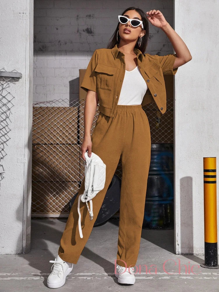 Conjunto Com Camisa Cropped E Calça De Cintura Alta Castanho / P Conjunto Com Camisa Cropped E Calça De Cintura Alta
