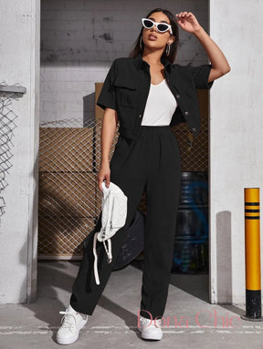 Conjunto Com Camisa Cropped E Calça De Cintura Alta Preto / P Conjunto Com Camisa Cropped E Calça De Cintura Alta