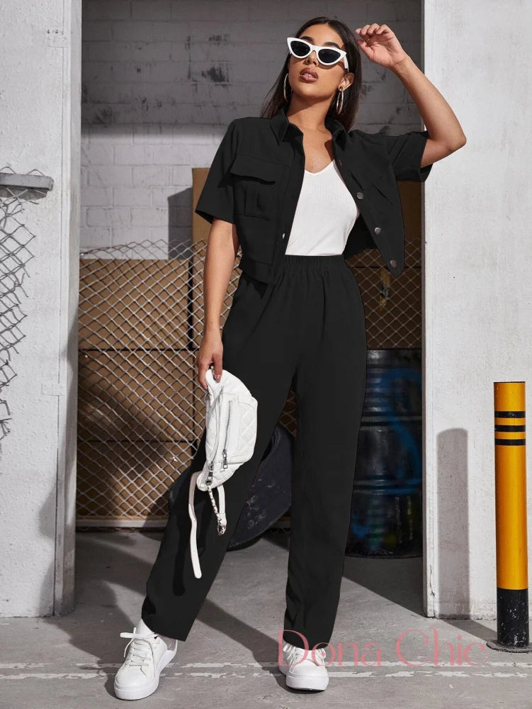 Conjunto Com Camisa Cropped E Calça De Cintura Alta Preto / P Conjunto Com Camisa Cropped E Calça De Cintura Alta