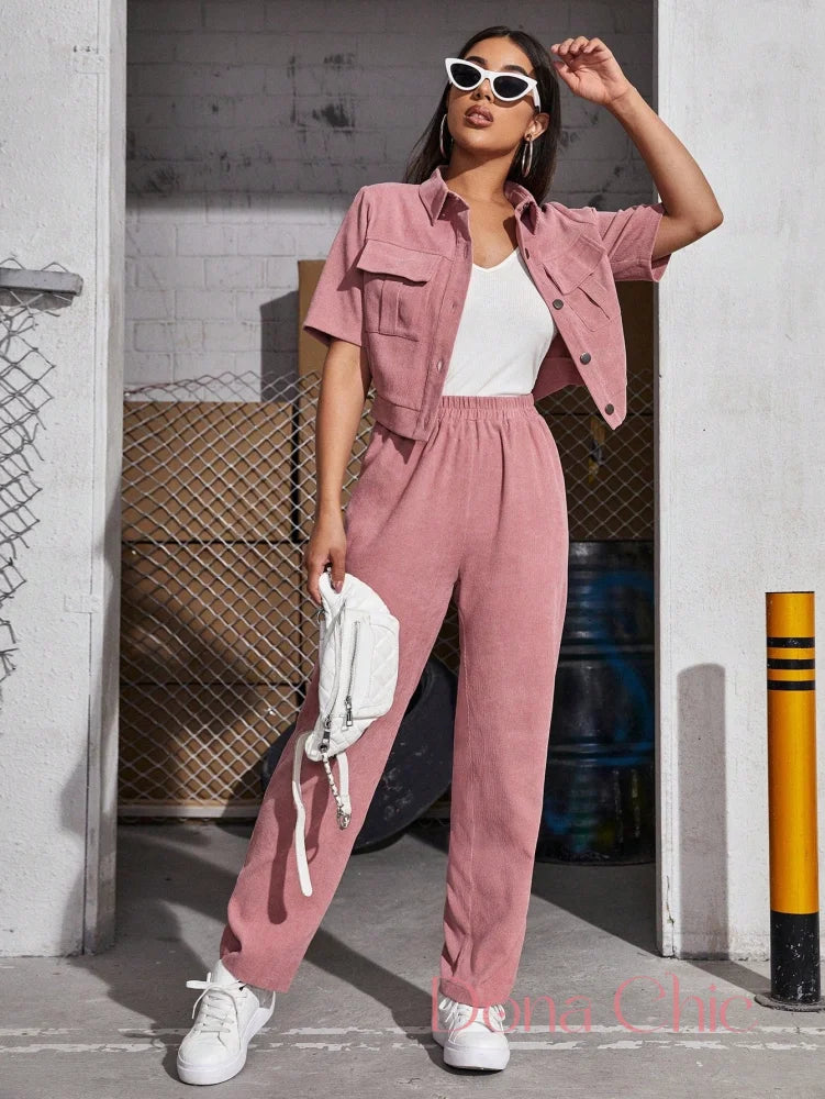 Conjunto Com Camisa Cropped E Calça De Cintura Alta Rosa / P Conjunto Com Camisa Cropped E Calça De Cintura Alta
