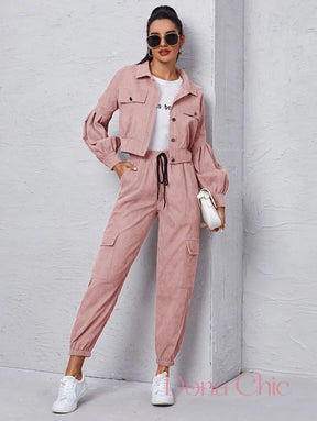 Conjunto Com Jaqueta Cropped E Calça Jogger Bolsos Rosa / P Conjunto Com Jaqueta Cropped E Calça Jogger Bolsos