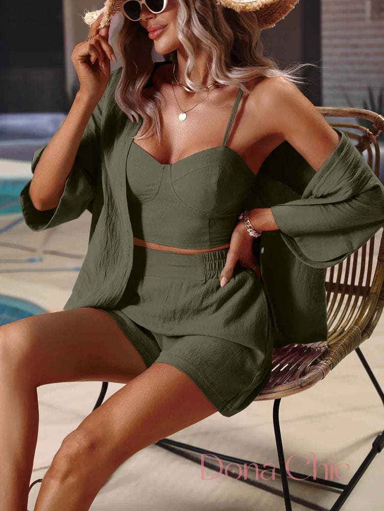 Conjunto Com Kimono Cropped Estruturado E Shorts Verde / P Conjunto Com Kimono Cropped Estruturado E Shorts