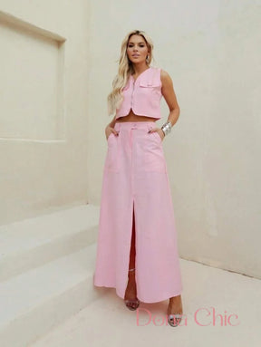 Conjunto Com Zíper Frontal E Saia Longa Com Fenda Conjunto Com Zíper Frontal E Saia Longa Com Fenda