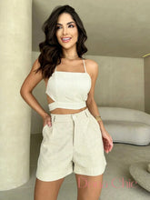 Conjunto Cropped Alça Fina Com Shorts De Linho Bege / P Conjunto Cropped Alça Fina Com Shorts De Linho