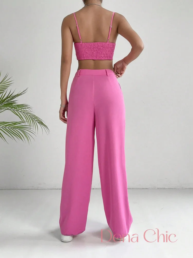 Conjunto Cropped Alças Finas E Calça Pantalona Cintura Alta Conjunto Cropped Alças Finas E Calça Pantalona Cintura Alta