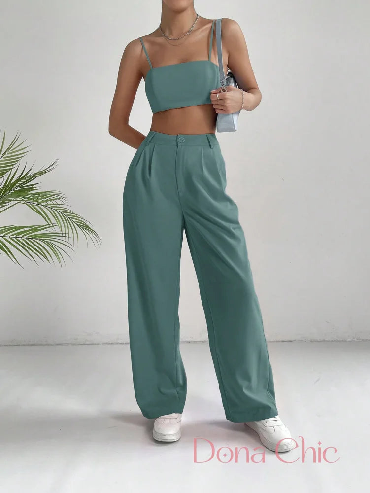 Conjunto Cropped Alças Finas E Calça Pantalona Cintura Alta Azul / P Conjunto Cropped Alças Finas E Calça Pantalona
