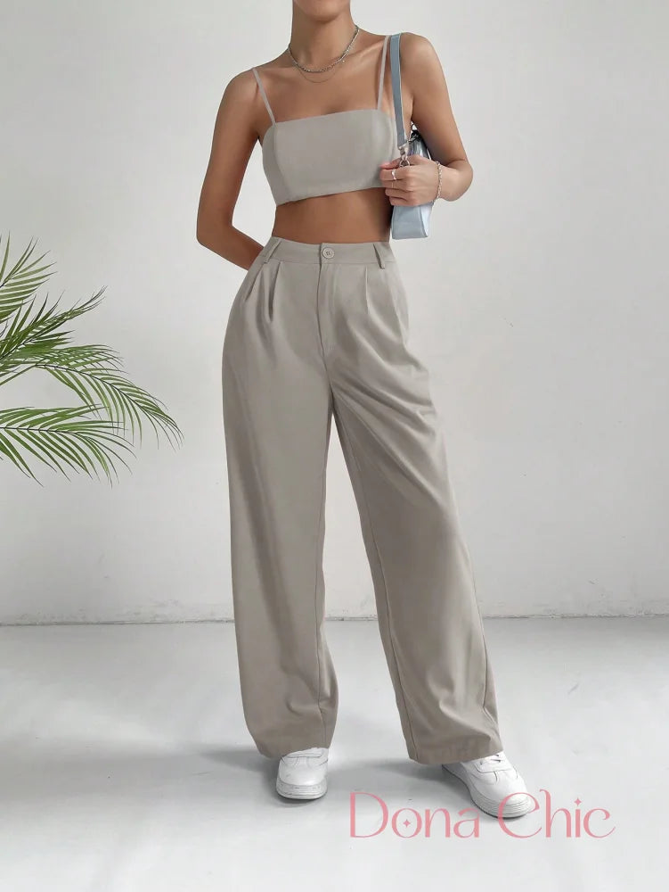Conjunto Cropped Alças Finas E Calça Pantalona Cintura Alta Cinza Claro / P Conjunto Cropped Alças Finas E Calça