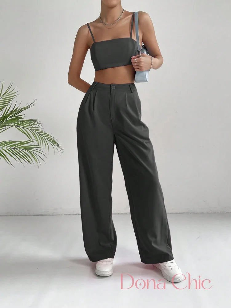Conjunto Cropped Alças Finas E Calça Pantalona Cintura Alta Preto / P Conjunto Cropped Alças Finas E Calça Pantalona