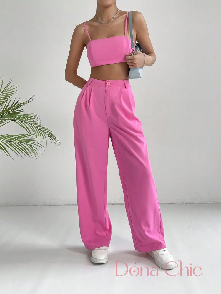 Conjunto Cropped Alças Finas E Calça Pantalona Cintura Alta Rosa / P Conjunto Cropped Alças Finas E Calça Pantalona